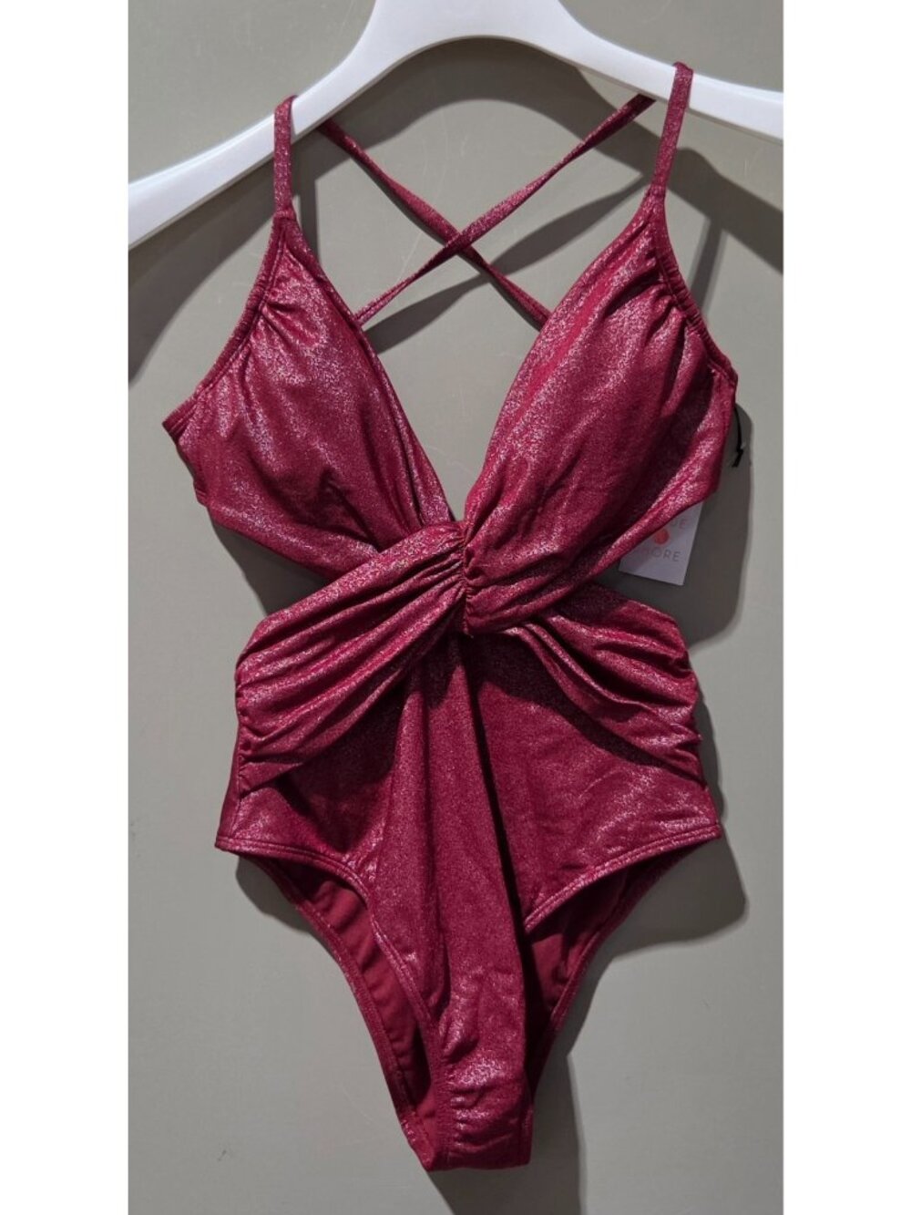 Shade & Shore Burgundy Lurex Plunge Front Cheeky 1 Pc Swimsuit -- Size XS 0/2